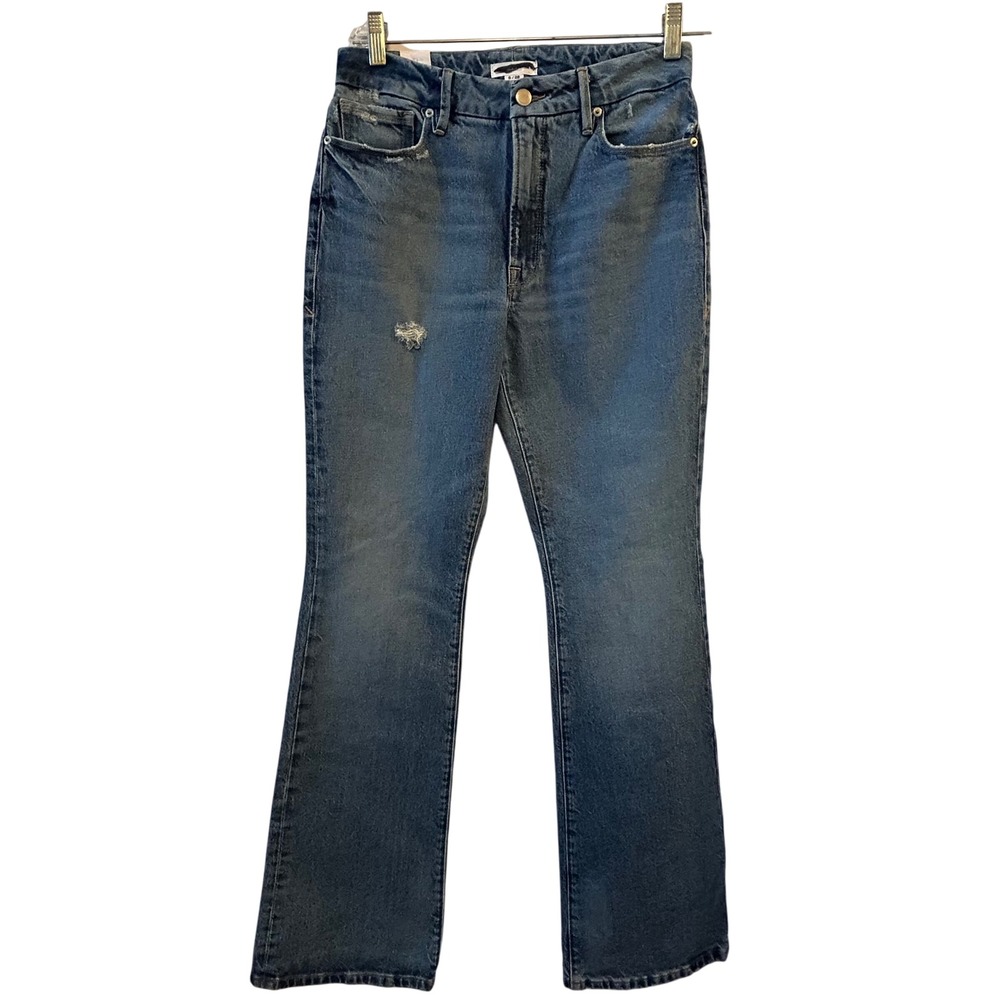 GOOD AMERICAN Womens Blue Denim Flare Jeans Size‎ 6 28 Distressed High Rise